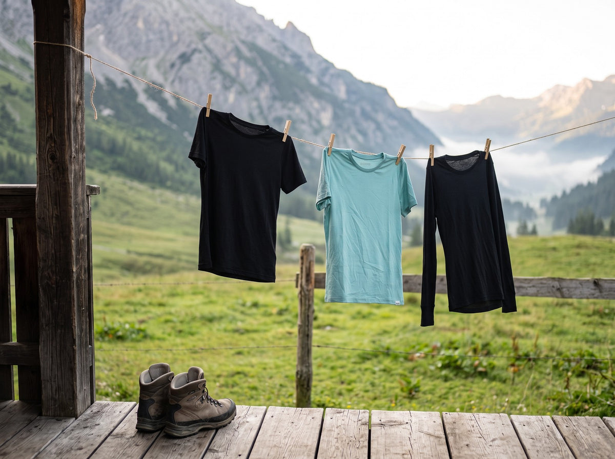 Merino-Shirts für Damen an der Wäscheleine vor einer Berghütte, abends lüften, morgens frisch