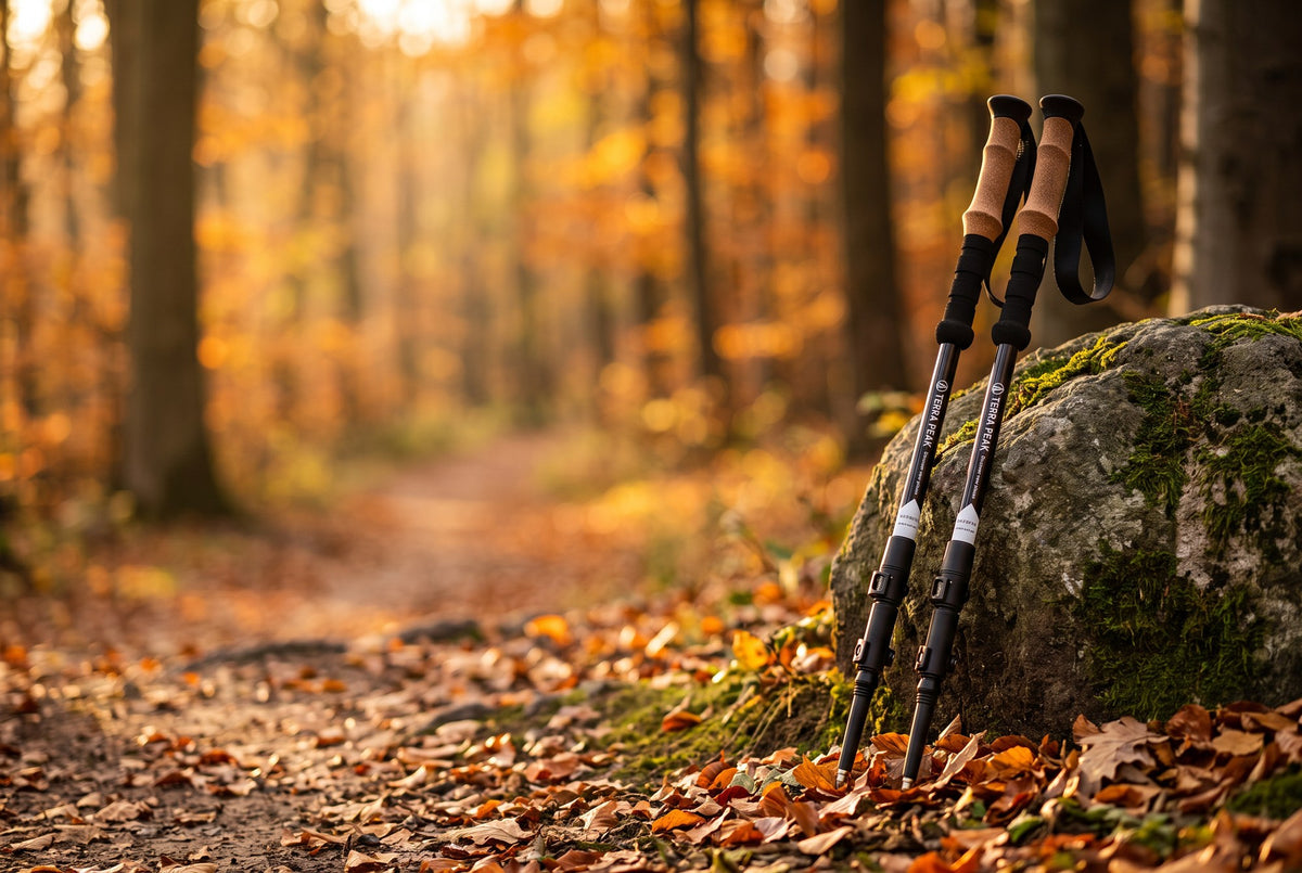 Zwei Wanderstöcke Teleskop Alu von Terra Peak mit Korkgriff lehnen an einem bemoosten Felsen im herbstlichen Buchenwald