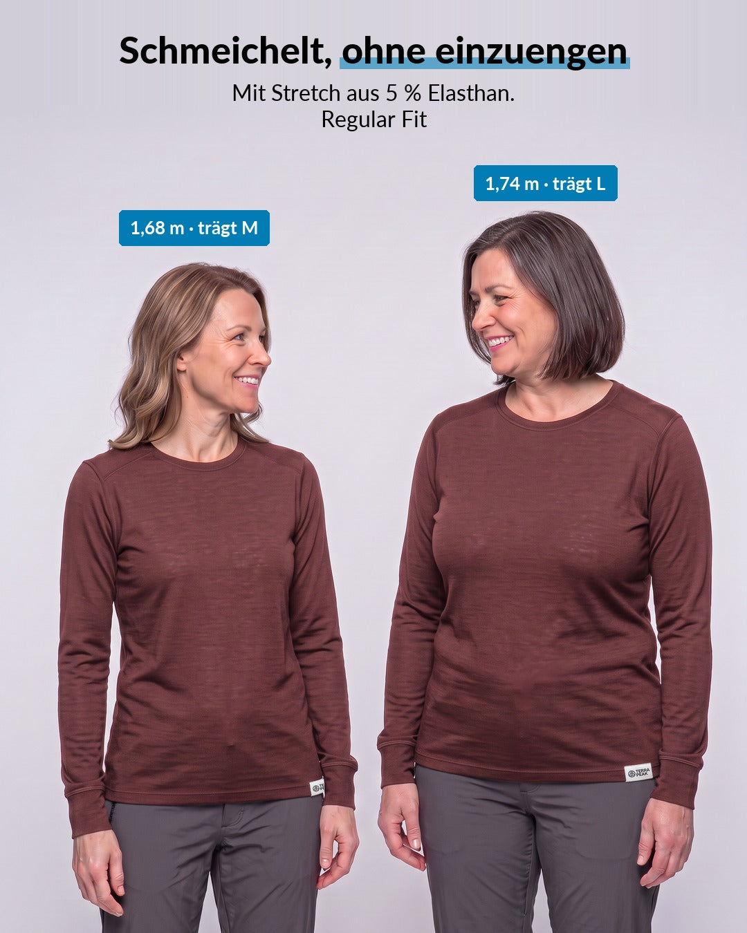 Passform des Merino Langarmshirts Damen in Bordeaux, Regular Fit mit Stretch #Farbe_Bordeaux