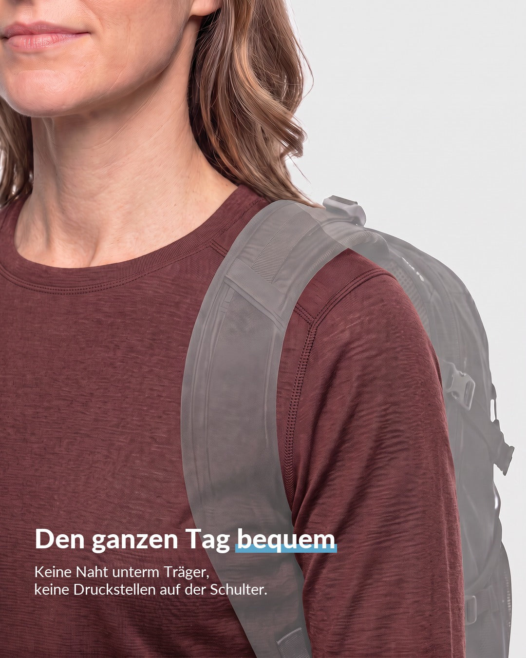 Merino Langarmshirt Damen Bordeaux mit Rucksack, keine Naht unterm Träger oben auf der Schulter #Farbe_Bordeaux