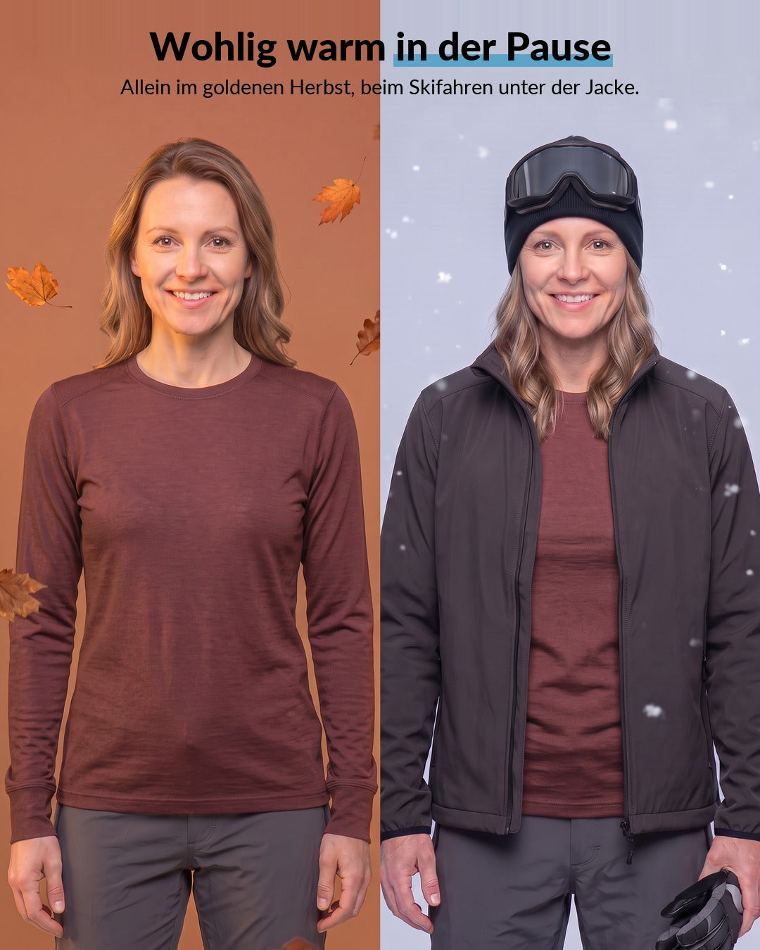 Merino Langarmshirt Damen Bordeaux beim Herbstwandern allein und beim Skifahren als erste Schicht #Farbe_Bordeaux