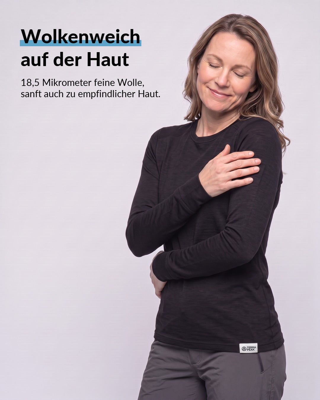 Merino Langarmshirt Damen Schwarz, wolkenweich auf der Haut dank 18,5 Mikrometer feiner Wolle #Farbe_Schwarz