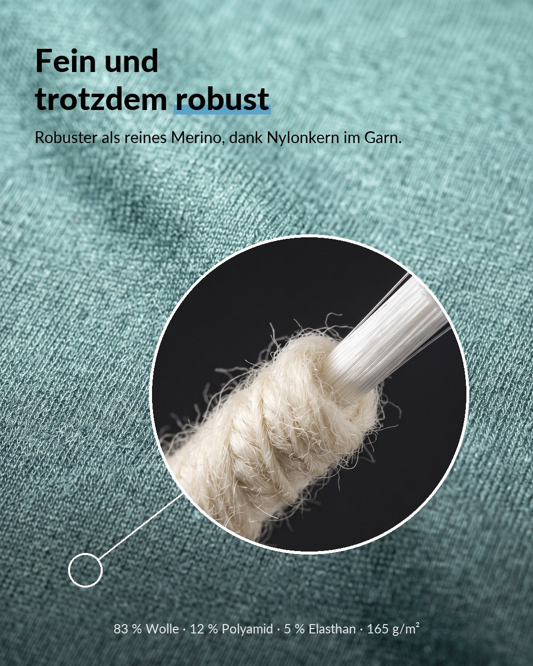 Core-Spun-Garn mit Merino außen und Nylonkern innen, 83 % Wolle, 12 % Polyamid, 5 % Elasthan #Farbe_Türkis