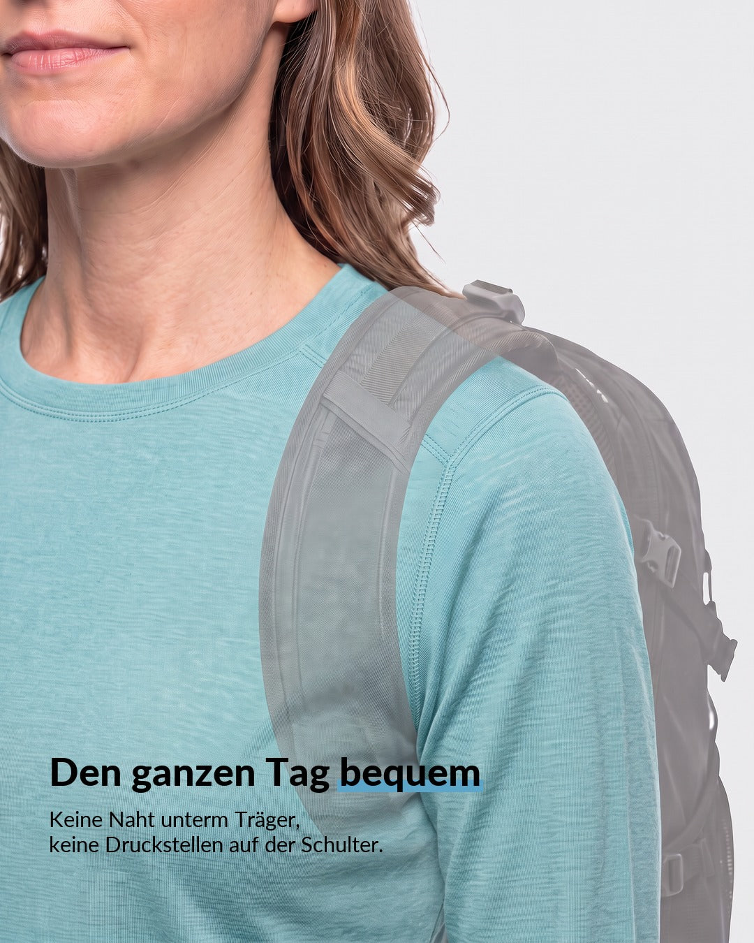 Merino Langarmshirt Damen Türkis mit Rucksack, keine Naht unterm Träger oben auf der Schulter #Farbe_Türkis