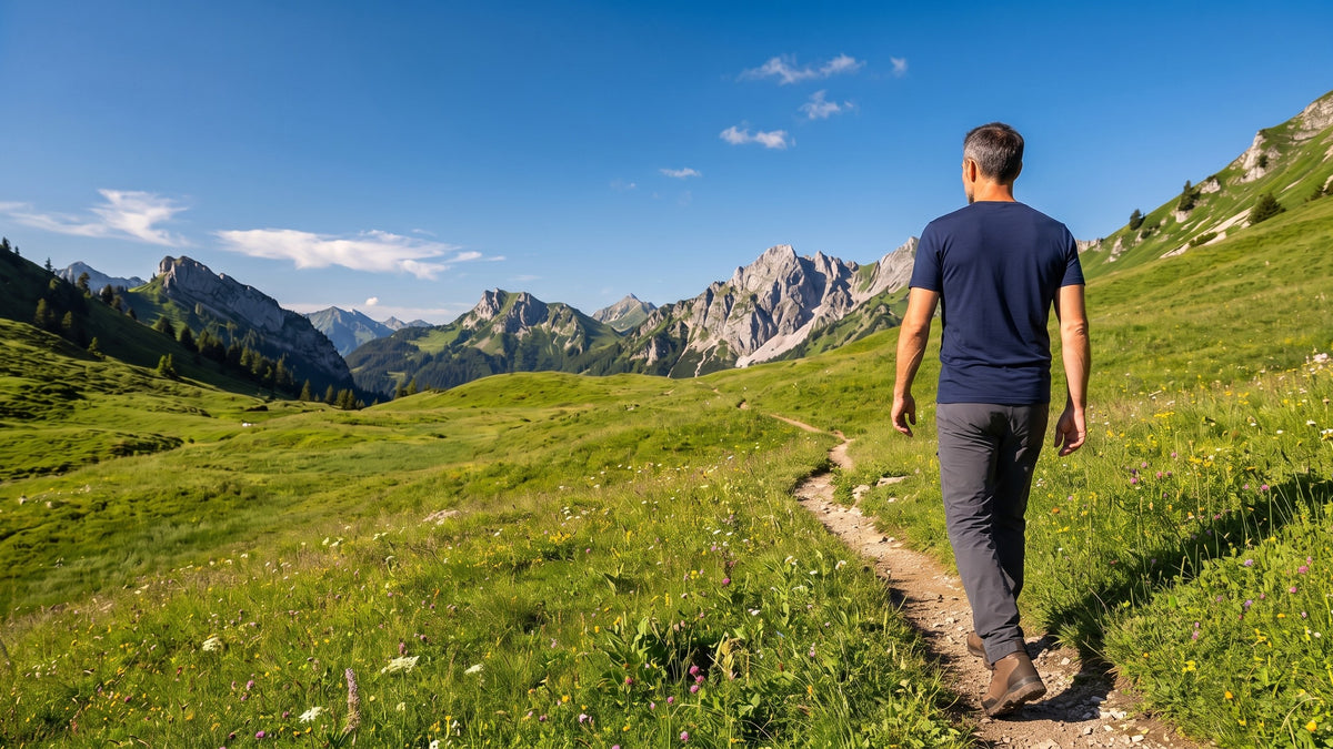 Wanderer im Merino T-Shirt auf einem Bergweg im Allgäu im Sommer