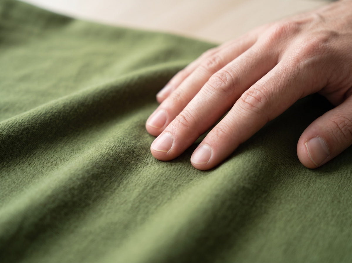 Hand auf feinem Merino-Stoff, der nicht kratzt