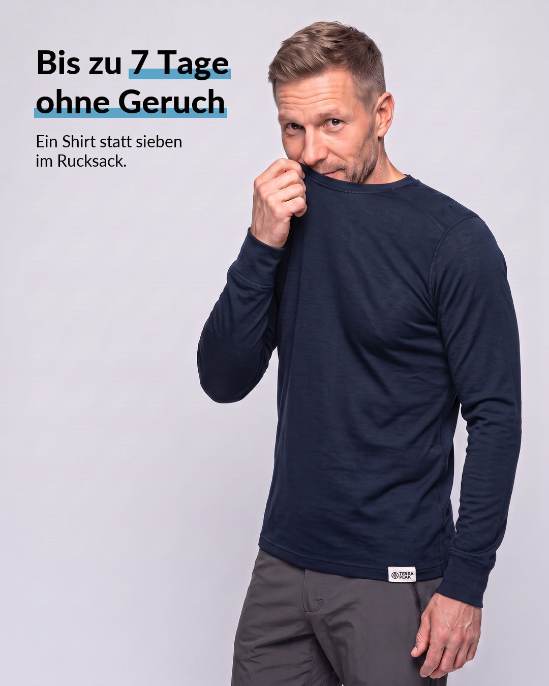 Merino Langarmshirt Herren Blau, bis zu 7 Tage ohne Geruch #Farbe_Blau