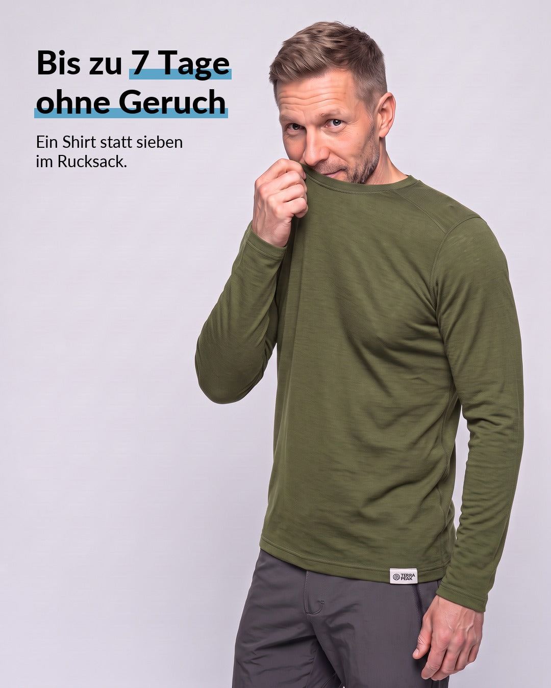 Merino Langarmshirt Herren Olive, bis zu 7 Tage ohne Geruch #Farbe_Olive