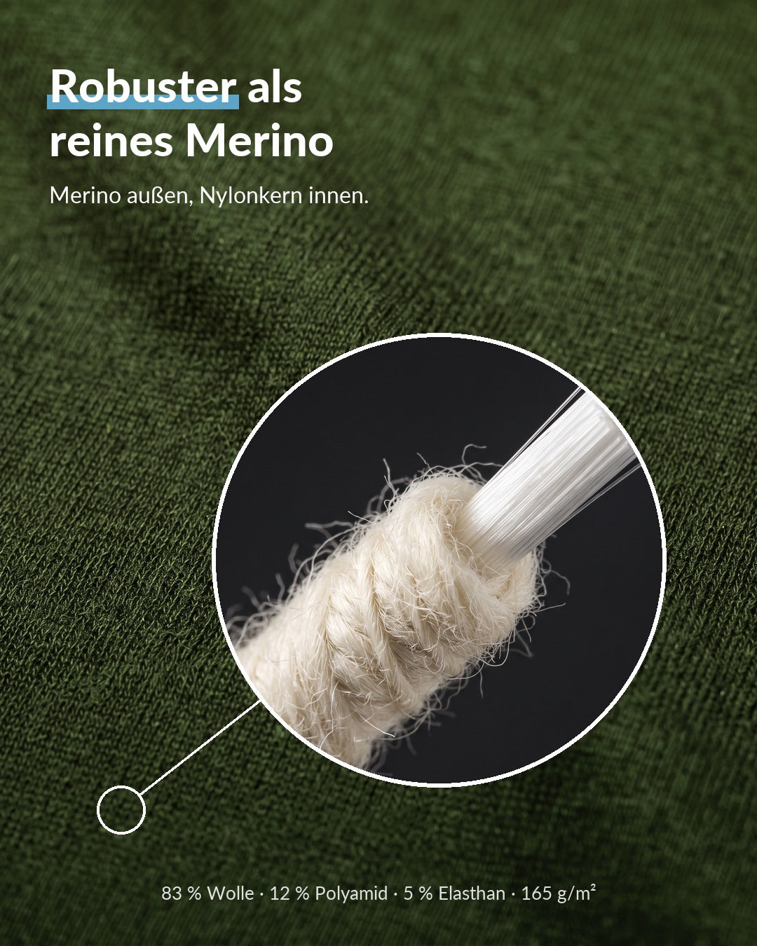 Core-Spun-Garn mit Merino außen und Nylonkern innen, 83 % Wolle, 12 % Polyamid, 5 % Elasthan #Farbe_Olive
