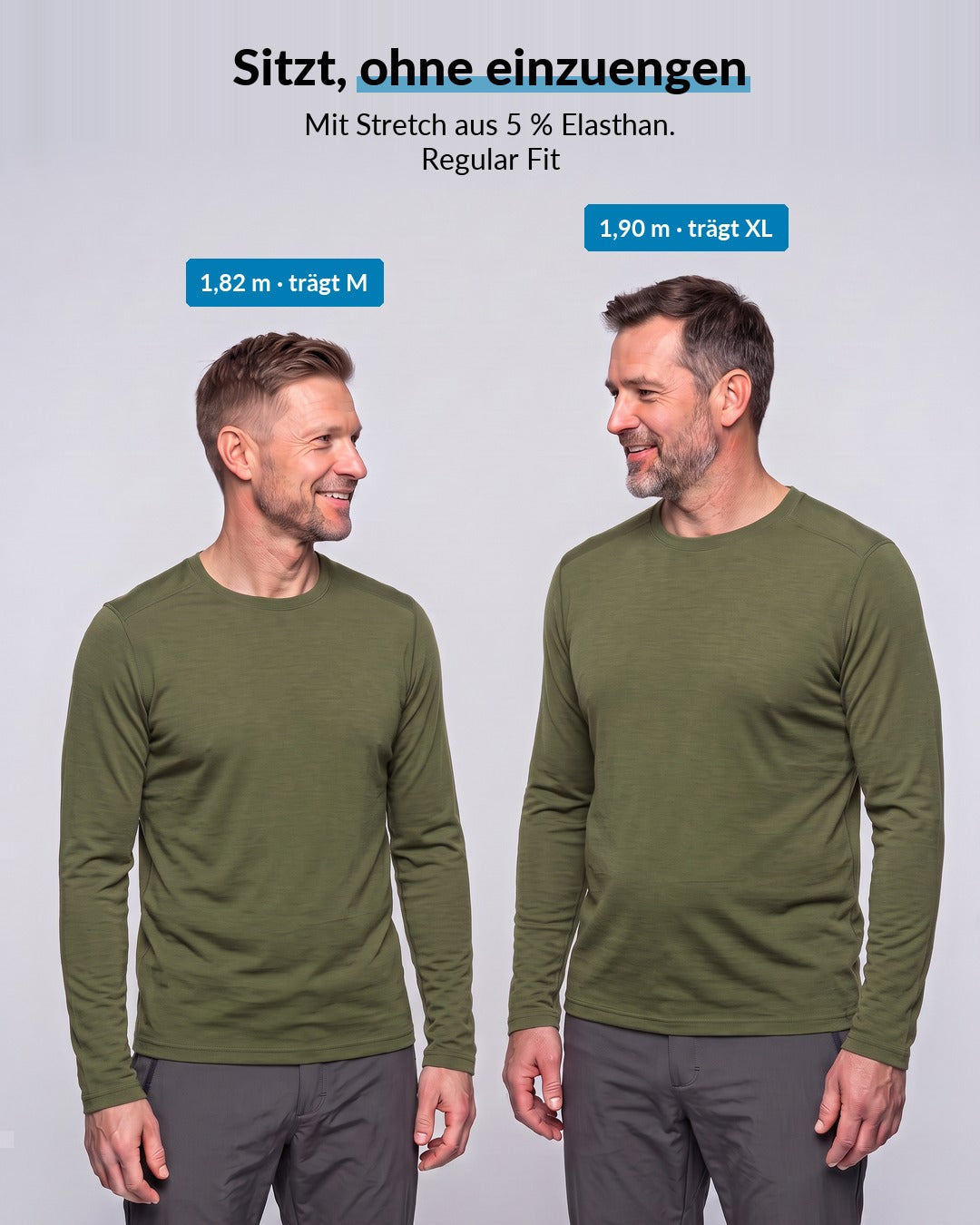 Passform des Merino Langarmshirts Herren in Olive, Regular Fit mit Stretch #Farbe_Olive