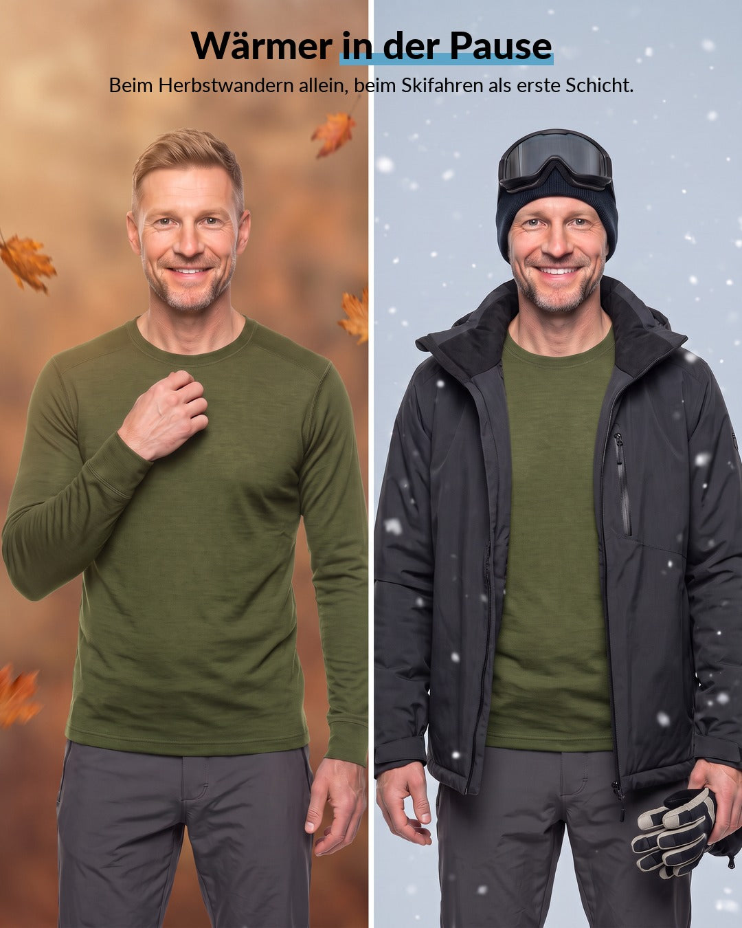 Merino Langarmshirt Herren Olive beim Herbstwandern und als erste Schicht beim Skifahren, wärmer in der Pause #Farbe_Olive