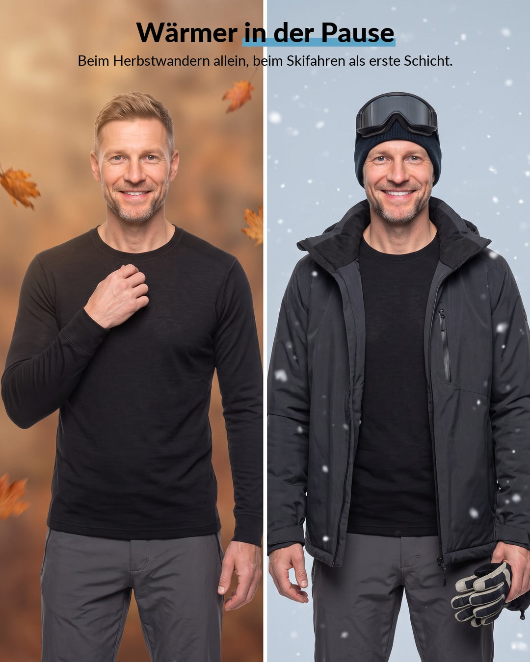 Merino Langarmshirt Herren Schwarz beim Herbstwandern und als erste Schicht beim Skifahren, wärmer in der Pause #Farbe_Schwarz