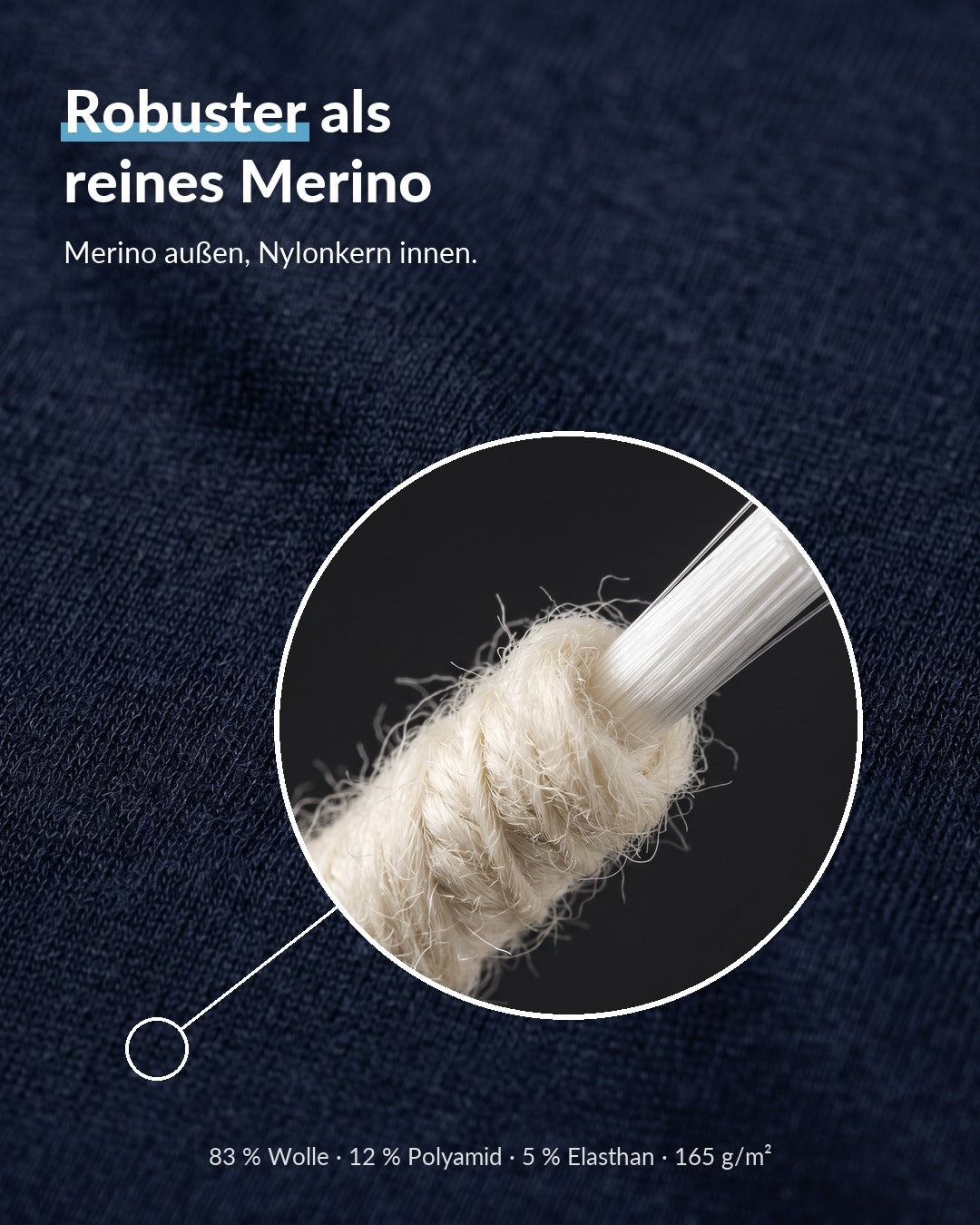 Core-Spun-Garn mit Merino außen und Nylonkern innen, 83 % Wolle, 12 % Polyamid, 5 % Elasthan #Farbe_Blau