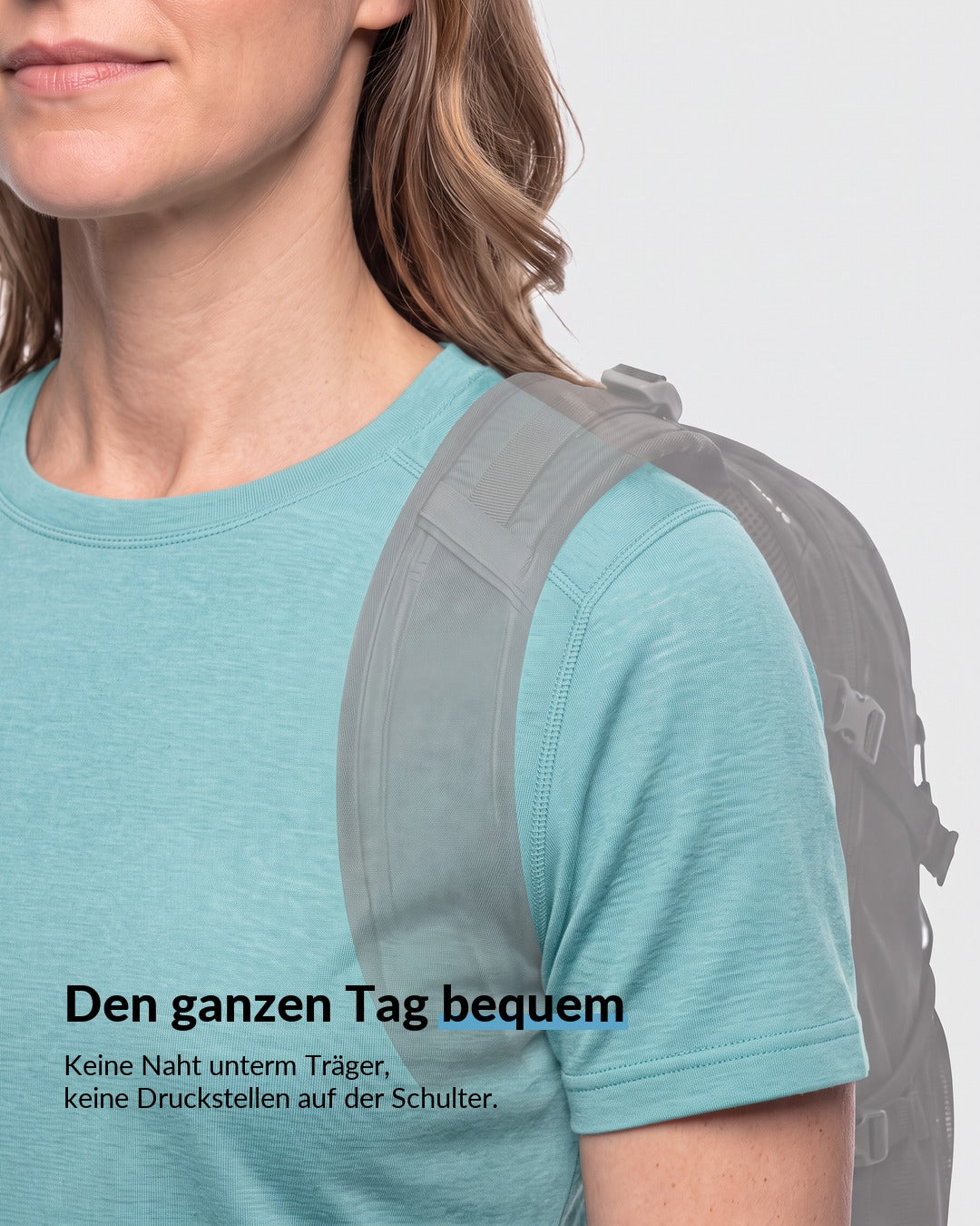 Merino T-Shirt Damen Türkis mit Rucksack, keine Naht unterm Träger oben auf der Schulter #Farbe_Türkis
