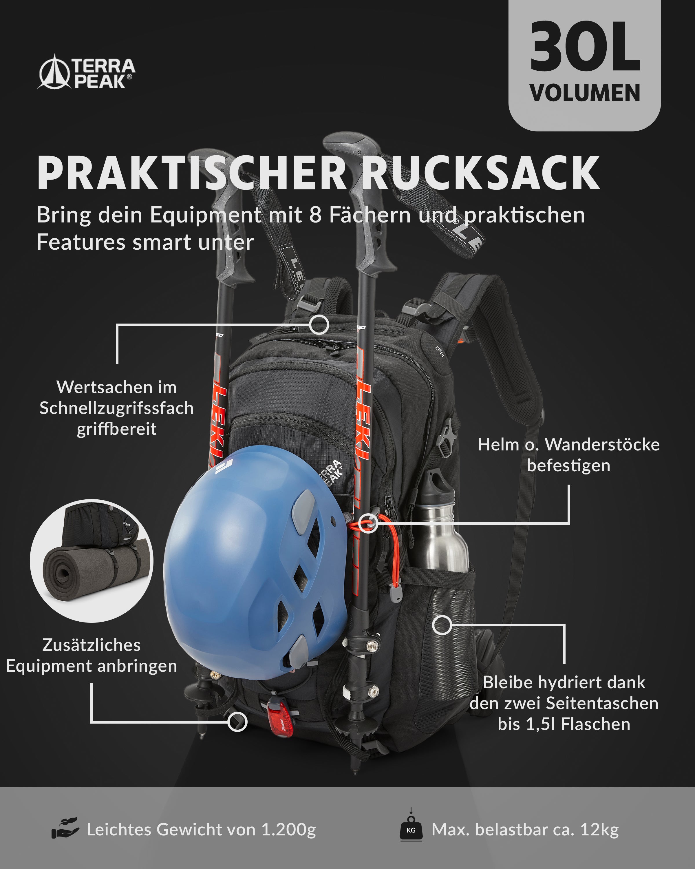 wanderstöcke an wanderrucksack befestigen Wanderrucksack mit 30 Liter Volumen