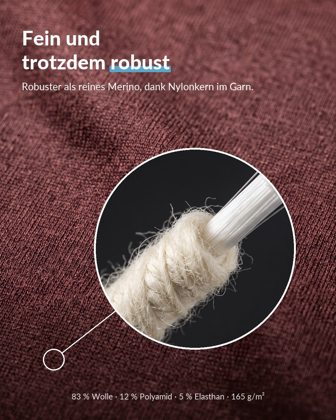 Core-Spun-Garn mit Merino außen und Nylonkern innen, 83 % Wolle, 12 % Polyamid, 5 % Elasthan #Farbe_Bordeaux