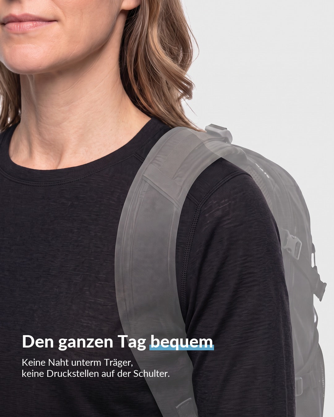 Merino Langarmshirt Damen mit Rucksack, keine Naht unterm Träger oben auf der Schulter #Farbe_Schwarz