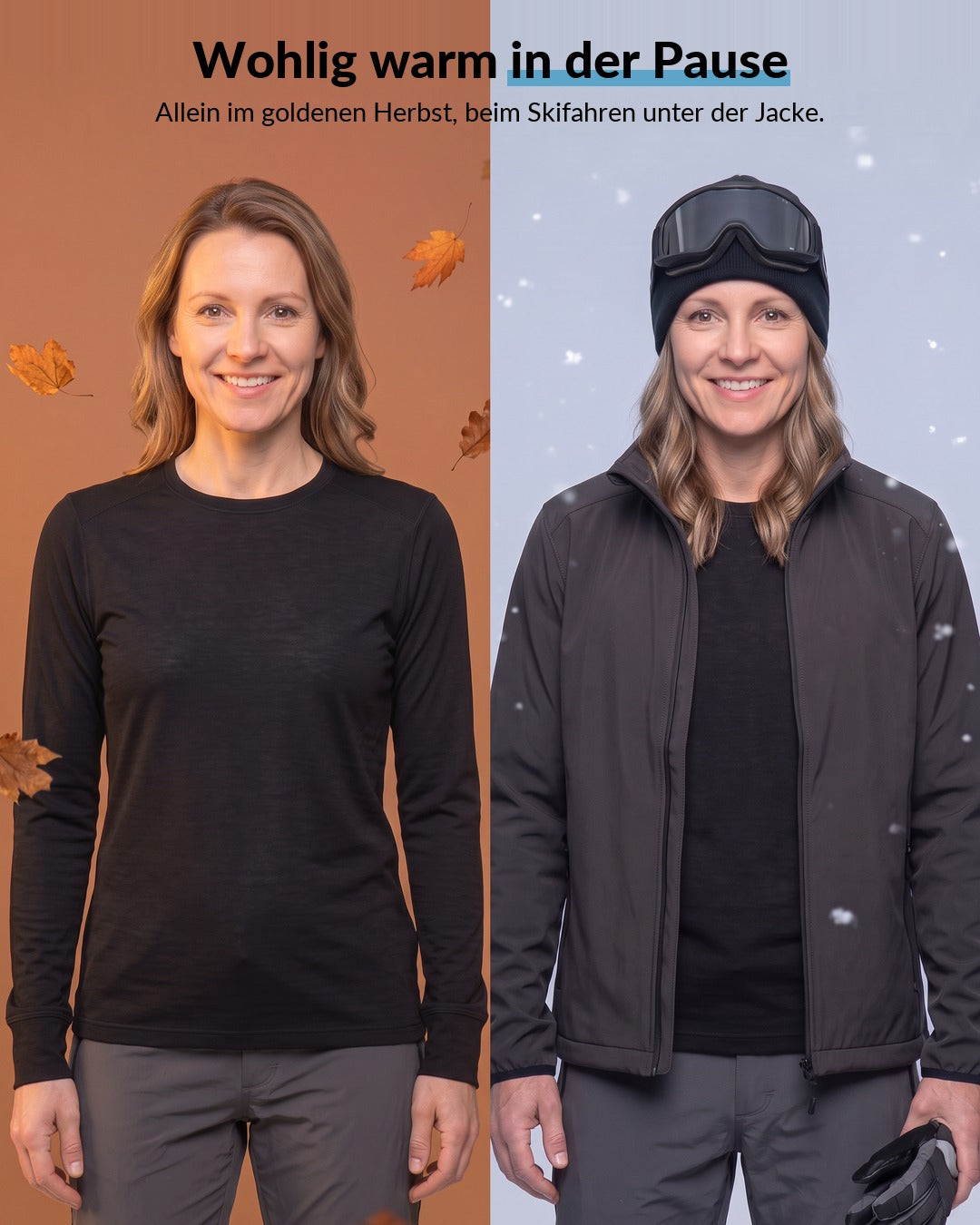 Merino Langarmshirt Damen beim Herbstwandern allein und beim Skifahren als erste Schicht #Farbe_Schwarz
