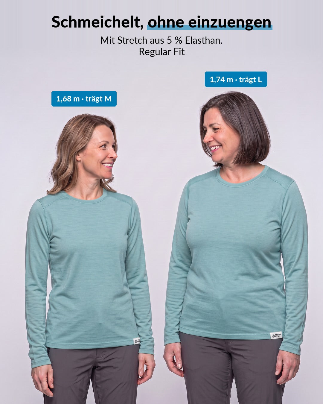 Passform des Merino Langarmshirts Damen in Türkis, Regular Fit mit Stretch #Farbe_Türkis