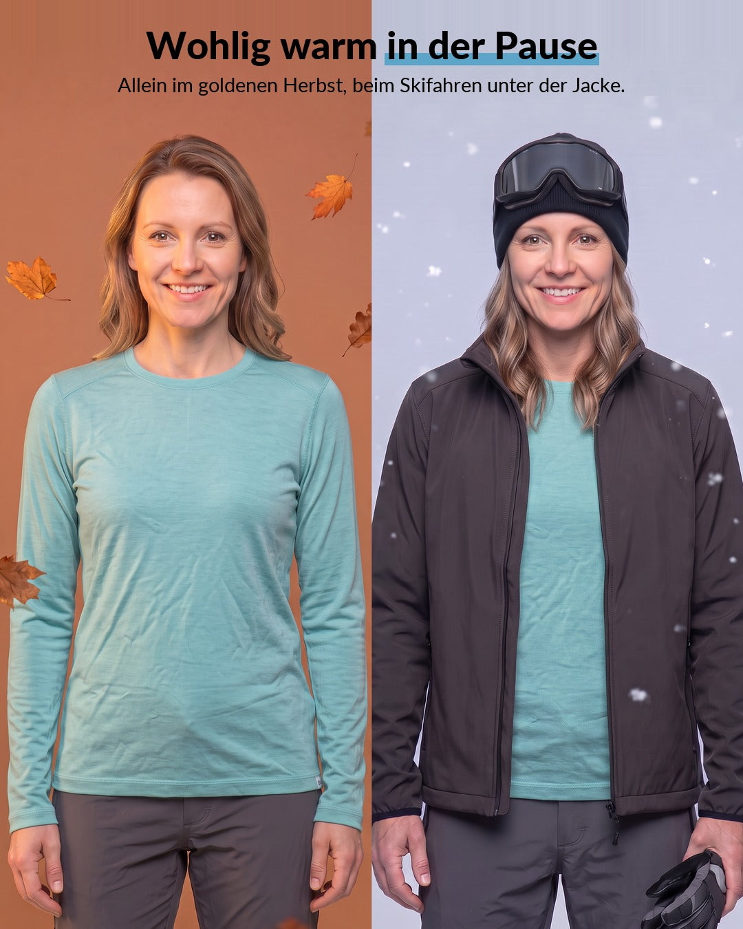 Merino Langarmshirt Damen Türkis beim Herbstwandern allein und beim Skifahren als erste Schicht #Farbe_Türkis