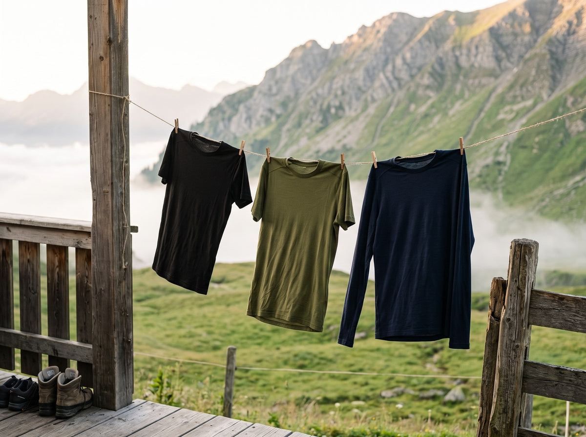 Drei Merino Shirts zum Lüften an der Wäscheleine vor einer Berghütte