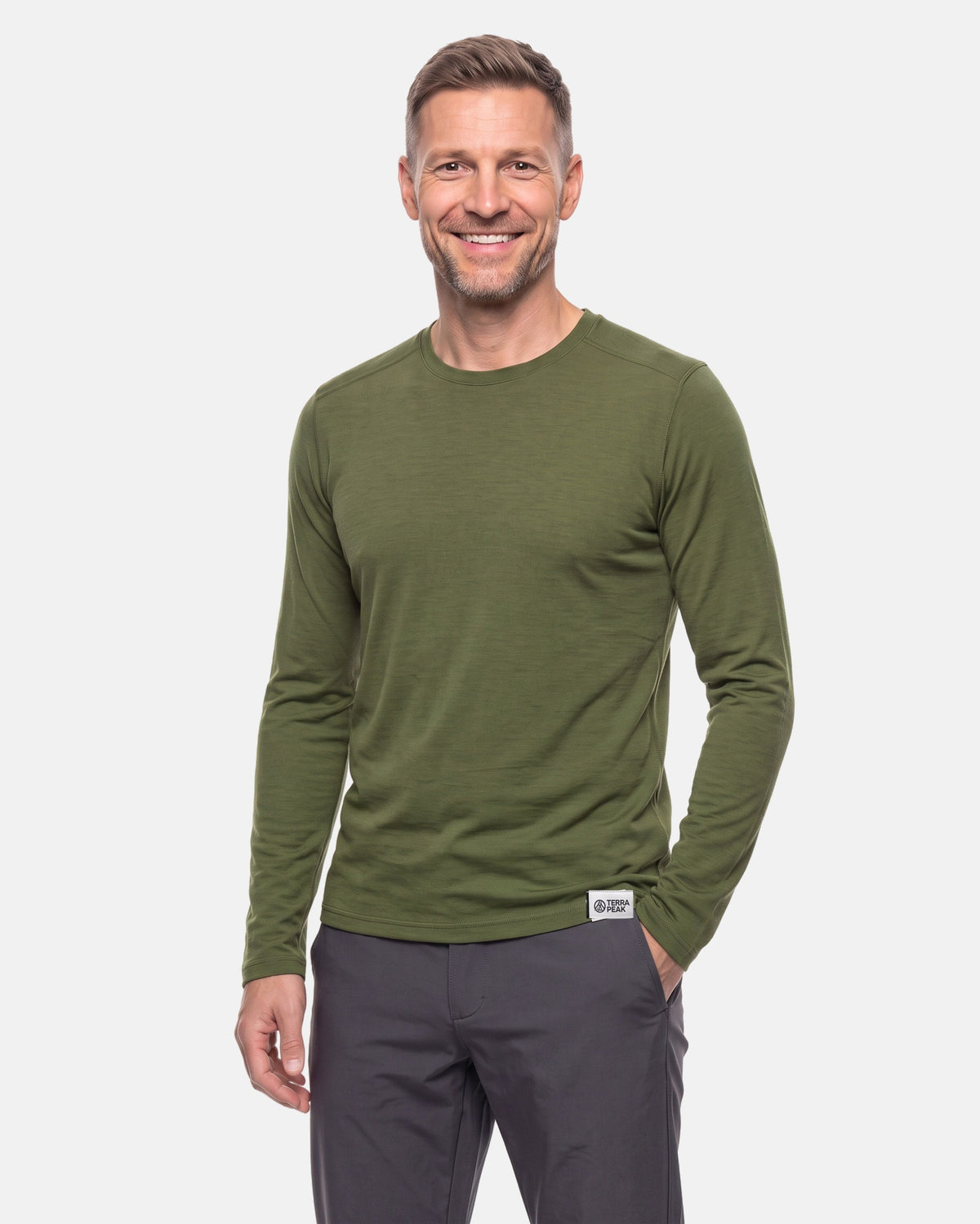 Merino Langarmshirt Herren in Olive, Regular Fit #Farbe_Olive