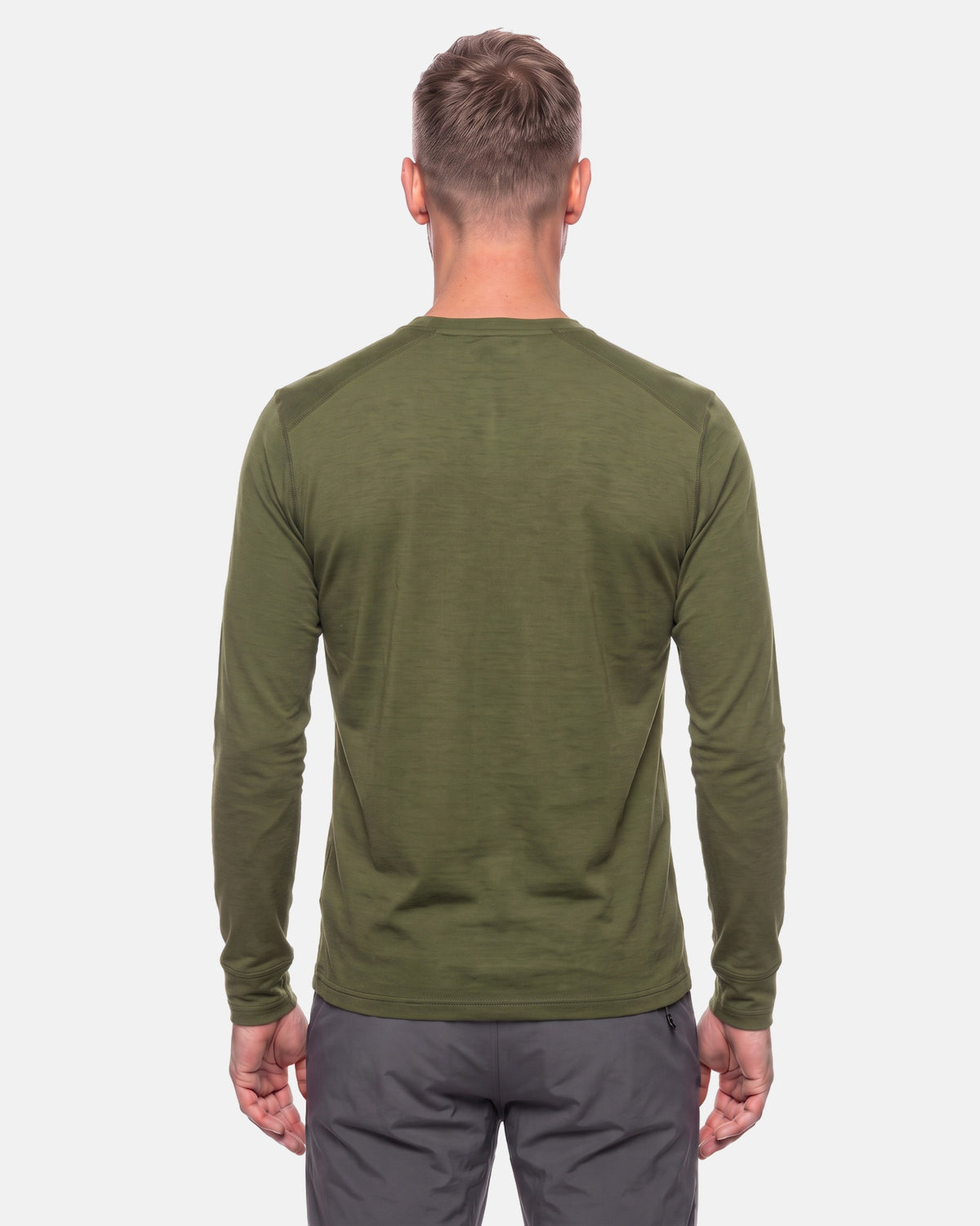 Merino Langarmshirt Herren in Olive von hinten #Farbe_Olive