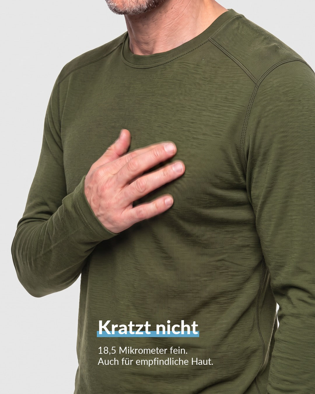 Merino Langarmshirt Herren Olive, kratzt nicht dank 18,5 Mikrometer feiner Wolle #Farbe_Olive