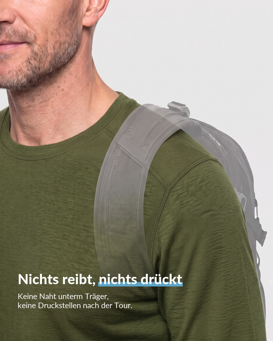 Merino Langarmshirt Olive mit Rucksack, keine Naht unterm Träger oben auf der Schulter #Farbe_Olive