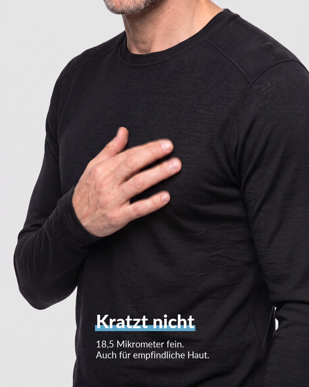 Merino Langarmshirt Herren Schwarz, kratzt nicht dank 18,5 Mikrometer feiner Wolle #Farbe_Schwarz