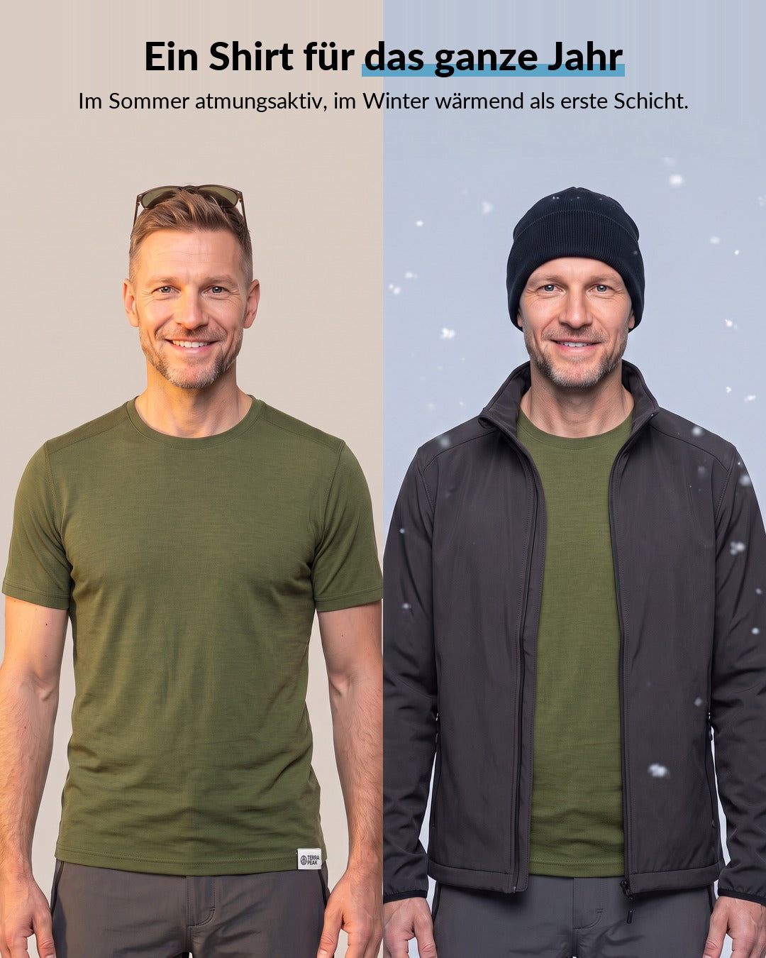 Merino T-Shirt Herren Olive im Sommer allein und im Winter als erste Schicht #Farbe_Olive